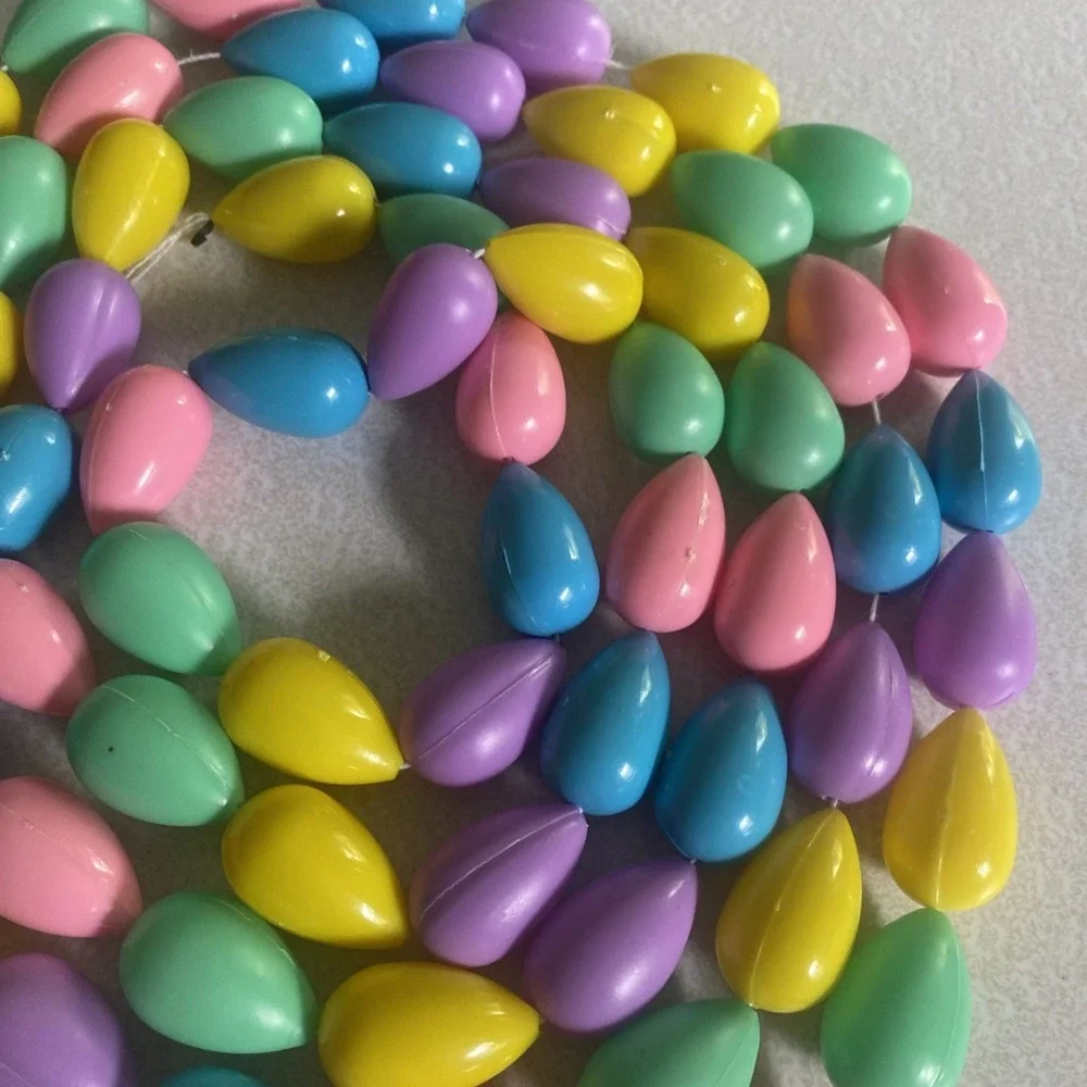 2 EASTER EGG GARLANDs True Vintage Blow Mold Plastic 7+ft Strands Bright Pastel